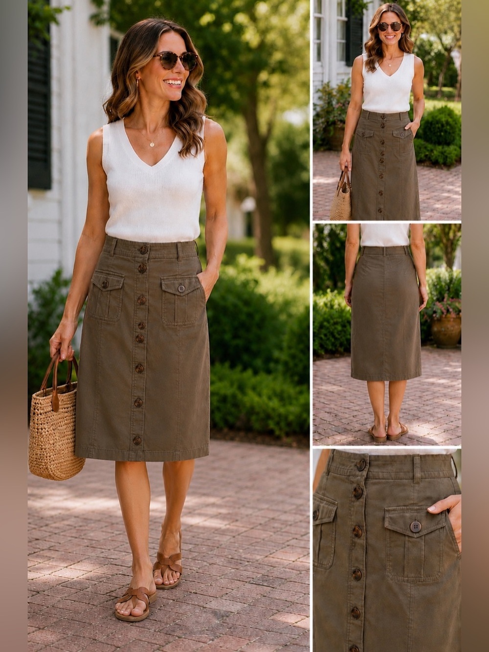Utility Cargo Button Front Midi Skirt Olive Green Safari Style - Picture 2 of 10